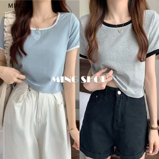 Áo croptop cổ vuông tay ngắn thêu họa tiết trái tim màu sắc tương phản thời trang nữ