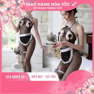 Bộ đồ lót cosplay hầu gái phối lưới liền vớ 0942