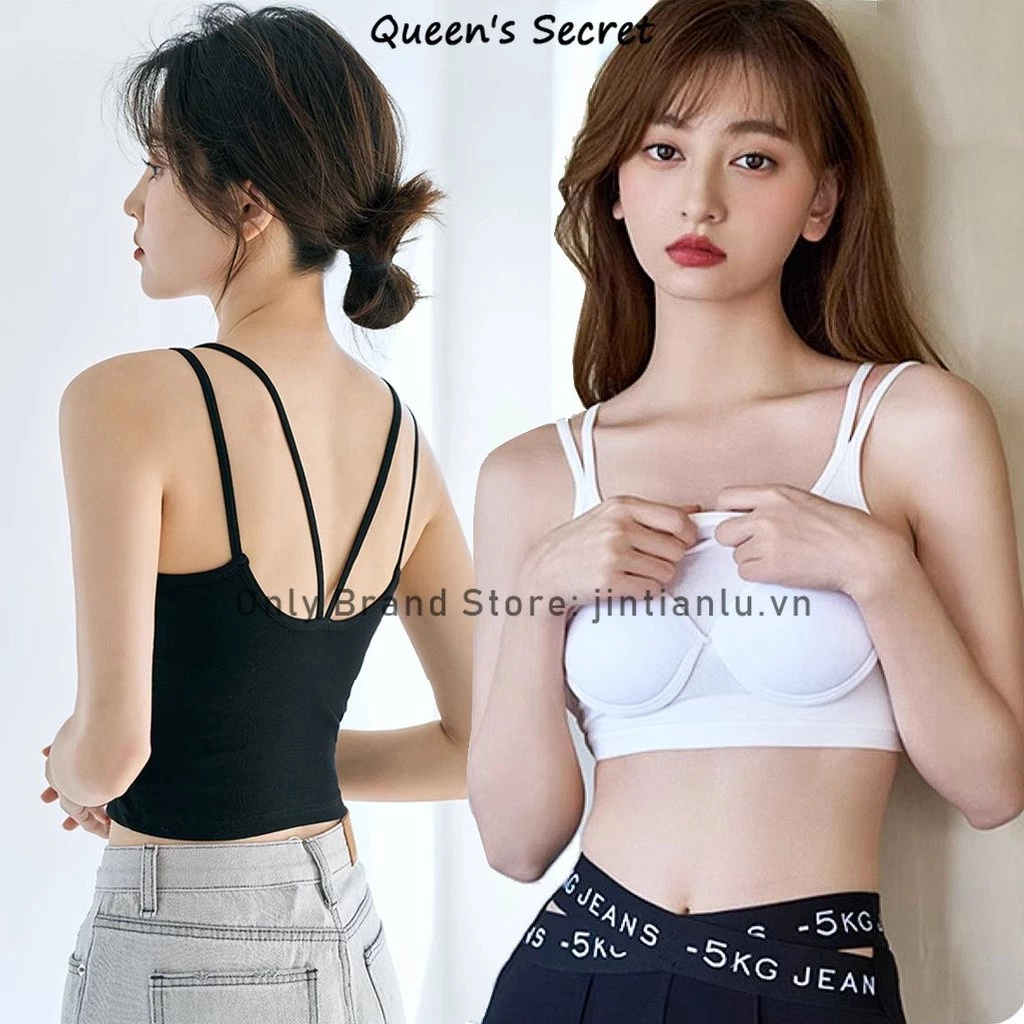 [Queen's Secret] Áo Hai Dây Chéo Lưng Với Đệm Ngực cotton Cố Định Cúp Ngực Ngắn Màu Đen / Trắng / Xám