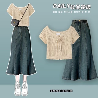 Set Áo Thun Ngắn Tay + Chân Váy Denim Phong Cách Preppy Mẫu Mới 2023 Thời Trang Mùa Hè Cho Nữ#0712#