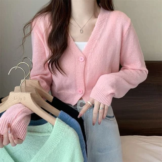 Áo Khoác cardigan Dệt Kim Tay Dài Dáng Rộng Cổ Chữ V Màu Kẹo Ngọt Thời Trang Cho Nữ