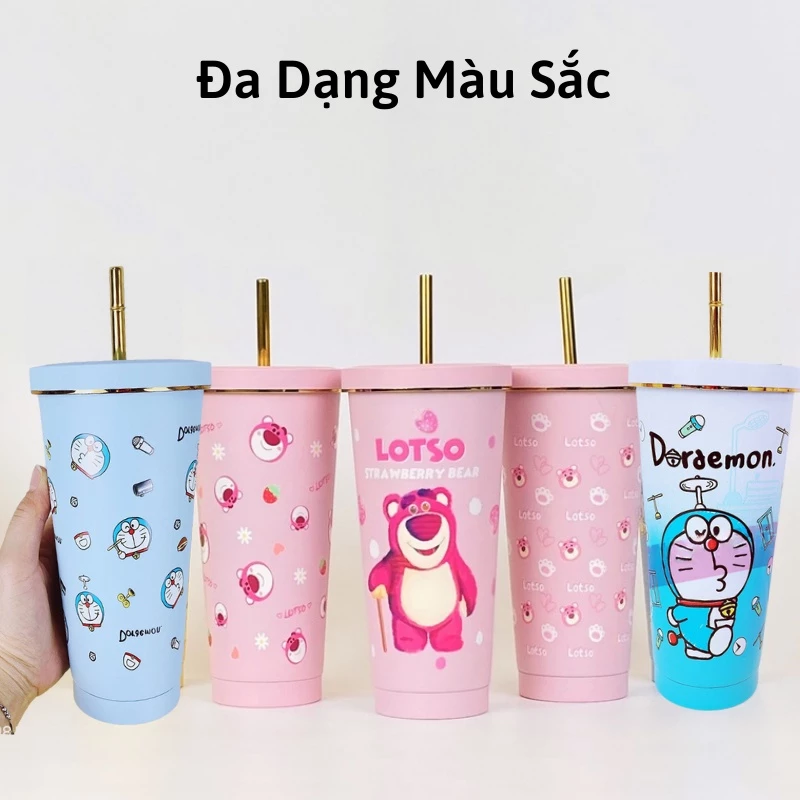 Cốc Giữ Nhiệt Gấu Dâu LOSTO Cute 750ML Inox 304 Tặng Kèm Túi Trong Suốt, Ống Hút, Cọ Vệ Sinh