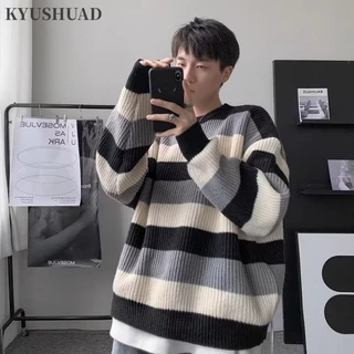 Kyushuad Áo sweater Chui Đầu Cổ Tròn Kẻ Sọc Dày Dặn Phong Cách Hàn Quốc Nhật Bản Mới Cho Nam