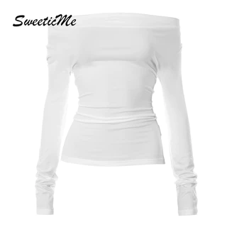 Sweeticme women's 2023 new fashion solid color off shoulder long sleeve backless lacing sexy causal t-shirt