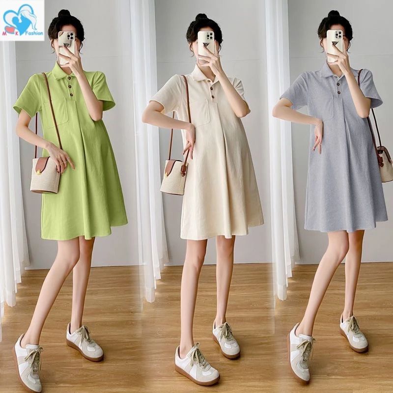 Mom&Kids Ready Stock Đầm Thun Polo Tay Ngắn Dài Vừa Cho Mẹ Bầu Và Bé Seluar Mengandung