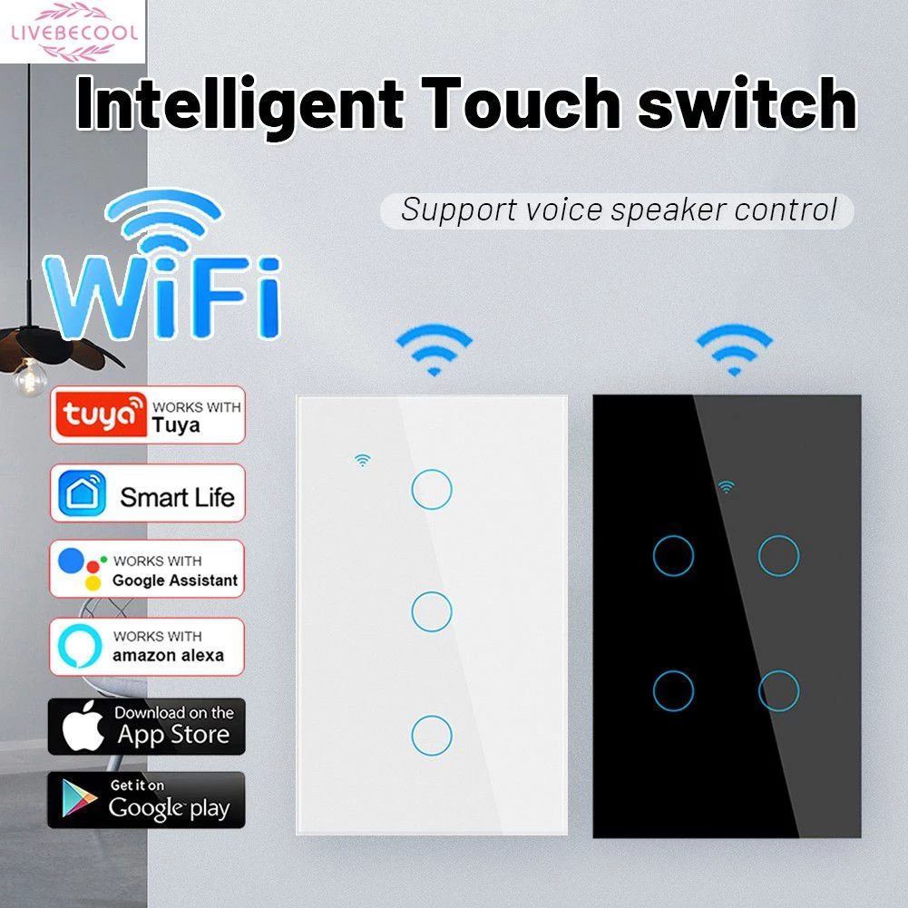 Tuya Wifi Thông Minh Công Tắc Cảm Ứng Đèn Tường Công Tắc Mạng Yêu Cầu Cuộc Sống Gia Đình 1/2/3/4 Băng Đảng Hỗ Trợ Alexa Google livebecool