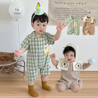 Áo Liền Quần Tay Ngắn Bằng Cotton Thoáng Khí In Họa Tiết Caro Phong Cách Hàn Quốc Dễ Thương Thời Trang Mùa Hè Cho Bé Sơ Sinh 0-24 Tháng Tuổi