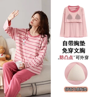 Bộ Đồ Ngủ Cotton Có Đệm Ngực Tay Dài Phong Cách Mới Dành Cho Nữ 6040