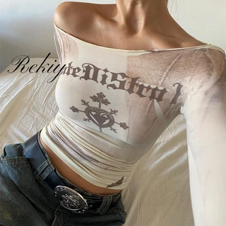 Rekiy women long sleeve t-shirt 2023 new tendency off shoulder letters in retro slim top