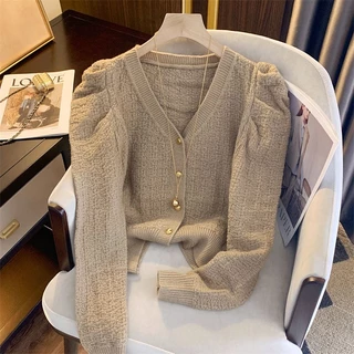 Áo cardigan dệt kim dài tay cổ chữ V màu trơn kiểu ngắn thời trang khí chất cổ điển kiểu Pháp nữ