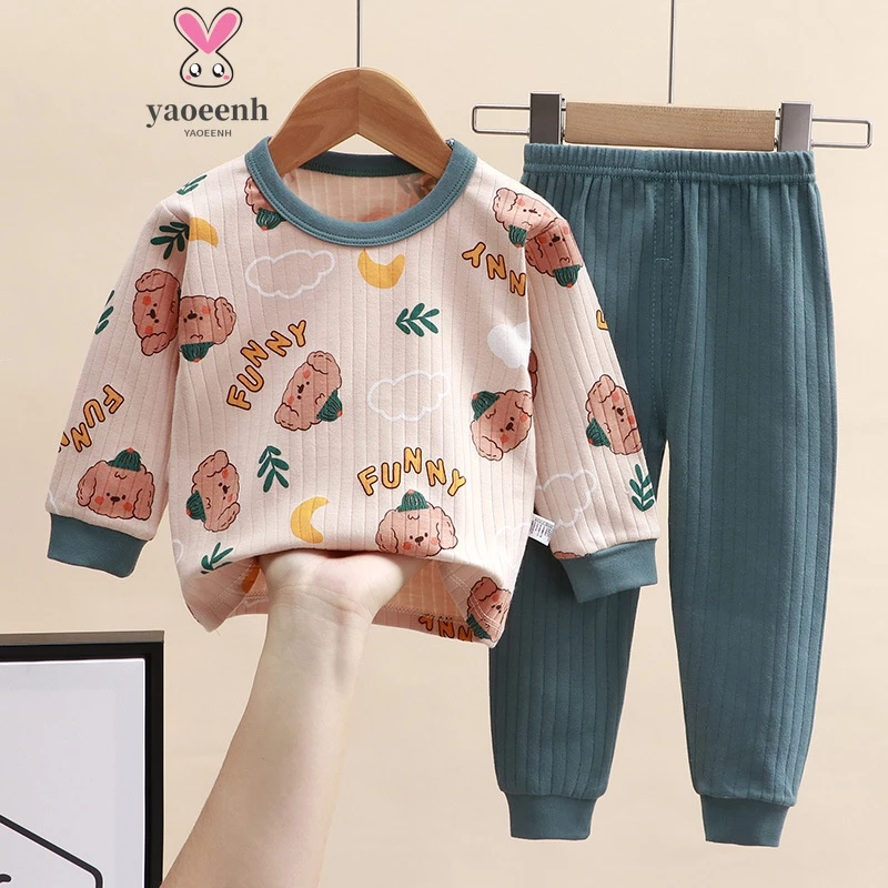 【YAOEENH】73-170cm trẻ em mùa thu bông tinh khiết bộ đồ hoạt hình vừa lớn bé trai bé gái cổ tròn dài tay-tay áo mùa thu quần dài quần áo đồ ngủ trẻ em quần áo ở nhà sẵn sàng vận chuyển nhanh