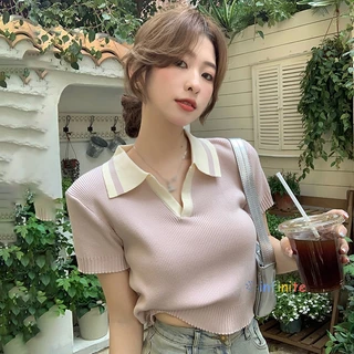 Áo Croptop Dệt Kim Tay Ngắn Cổ Polo Màu Sắc Tương Phản Phong Cách Hàn Quốc Thời Trang Cho Nữ