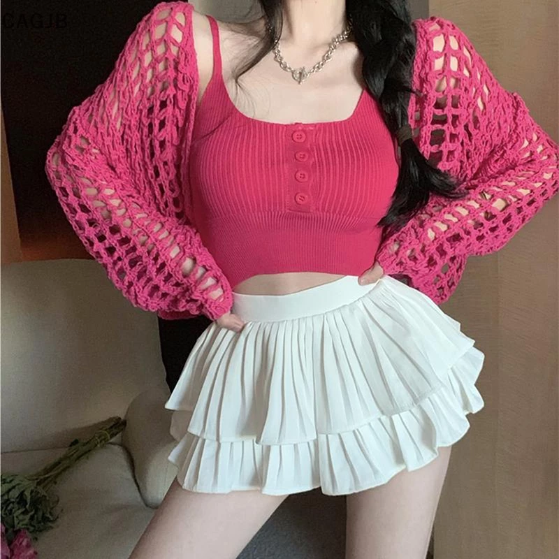 CAGJB [SSNE] Áo croptop Cardigan Dệt Kim Dáng Rộng Ngắn Cắt Lưới Màu Trơn Mùa Hè Y2k UOM