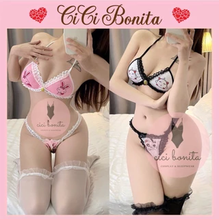 Set nội y in hình thỏ cute- Đồ lót buộc dây gợi cảm không đệm mút CL38 CICI BONITA HCM