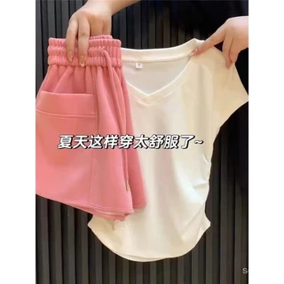 [SEI HOME][SEIHOME] women's two-piece suit of white T-shirt and pink shorts, fashionable, fashionable, slimming and high-grade white T-shirt