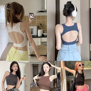 Áo Croptop Thể Thao Màu Trơn Cổ Tròn Có Mút Đệm Ngực Khoét Lỗ Hở Lưng Thời Trang Mùa Hè Cho Nữ