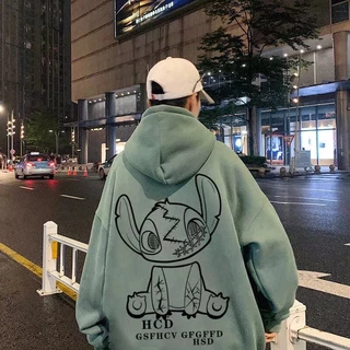 Áo Hoodie Tay Dài Dáng Rộng In Hoạt Hình Stitch Màu Xanh Lá Đậm Phong Cách Đường Phố Mỹ Thời Trang Cho Nam Và Nữ