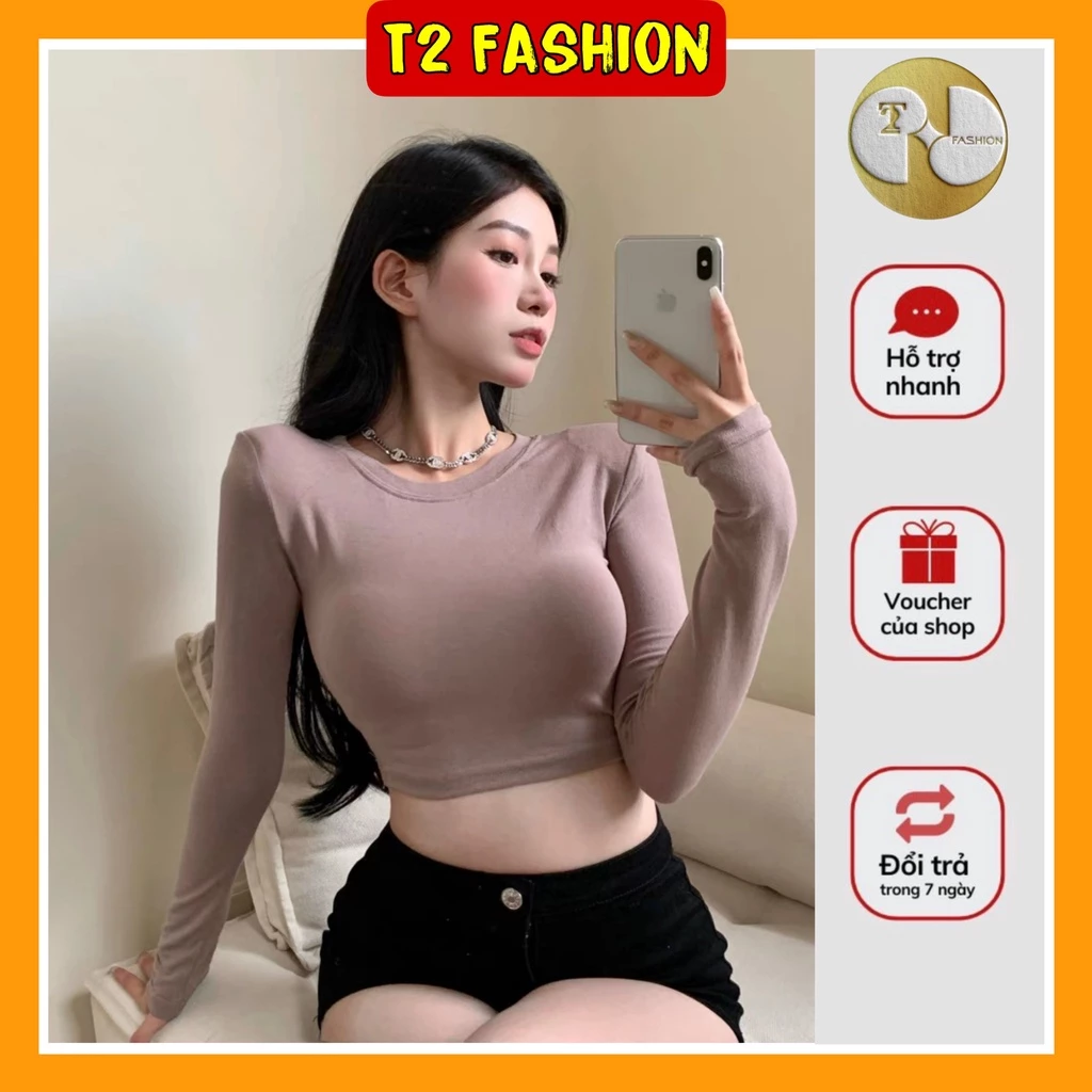 Áo croptop thun gân thiết kế cổ tròn dài tay cá tính T2 Fashion