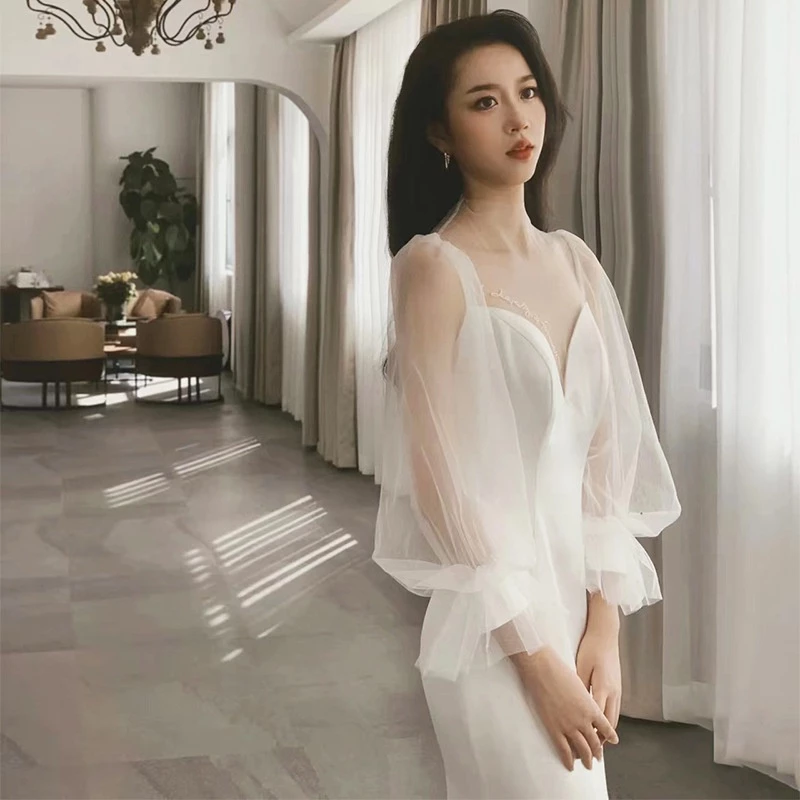 OFF WHITE Đầm Cưới Vải Tuyn Tay Phồng Tháo Rời Được Màu Trắng Đen Tùy Chỉnh Cho Nữ