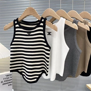 Áo tank top Hai Dây Dệt Kim Eo Cao Ngắn Kẻ Sọc Bằng Lụa Lạnh Hợp Thời Trang Và Không Đều Màu Dành Cho Bạn Nữ