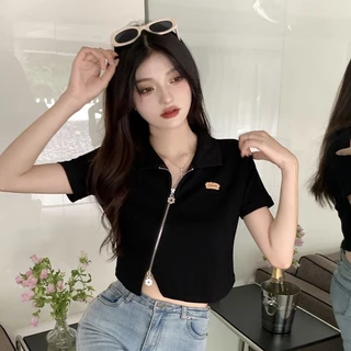 Áo Croptop Tay Ngắn Cổ Polo Lệch Tà Thời Trang Mùa Hè Cho Nữ