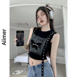 Áo Croptop Không Tay Lưng Cao In Chữ Phong Cách Mỹ Thời Trang Mùa Hè Quyến Rũ Cho Nữ