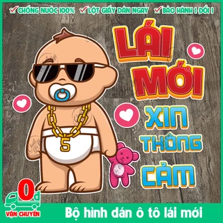 Combo 2 bộ tem decal dán xe BABY LÁI mới xin thông cảm ngộ nghĩnh dễ thương cute dán sticker ô tô xe hơi tài non