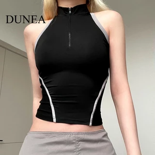 DUNEA Áo Crop Top Cổ Đứng Hở Lưng Phối Khóa Kéo Thời Trang Mùa Hè Cho Nữ