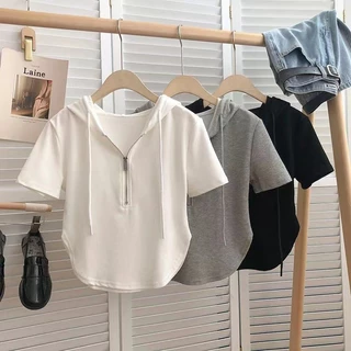 Áo Hoodie Ngắn Tay Phối Khóa Kéo Thời Trang Mùa Hè Hàn Quốc Dành Cho Nữ