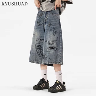 Quần Short denim Ống Rộng Họa Tiết graffiti retro Cá Tính