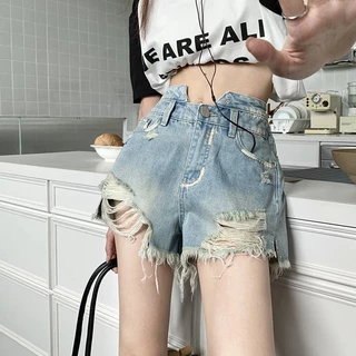 Cozok Quần Short Denim Rách Lưng Cao Thời Trang Retro Gợi Cảm