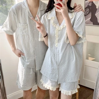 [Sẵn] BN9_ Bộ ngủ đôi, pijama nam nữ dáng ngắn hoạ tiết kẻ caro chất cotton | Hàng quảng châu loại 1