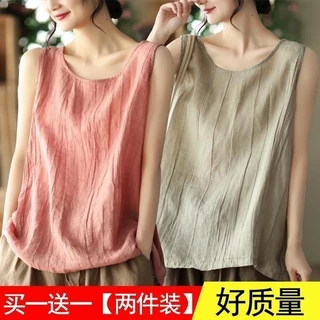 Áo Cotton Lanh Không Tay Dáng Rộng Màu Trơn Thời Trang Mùa Hè Hàng Mới Dành Cho Bạn Nữ