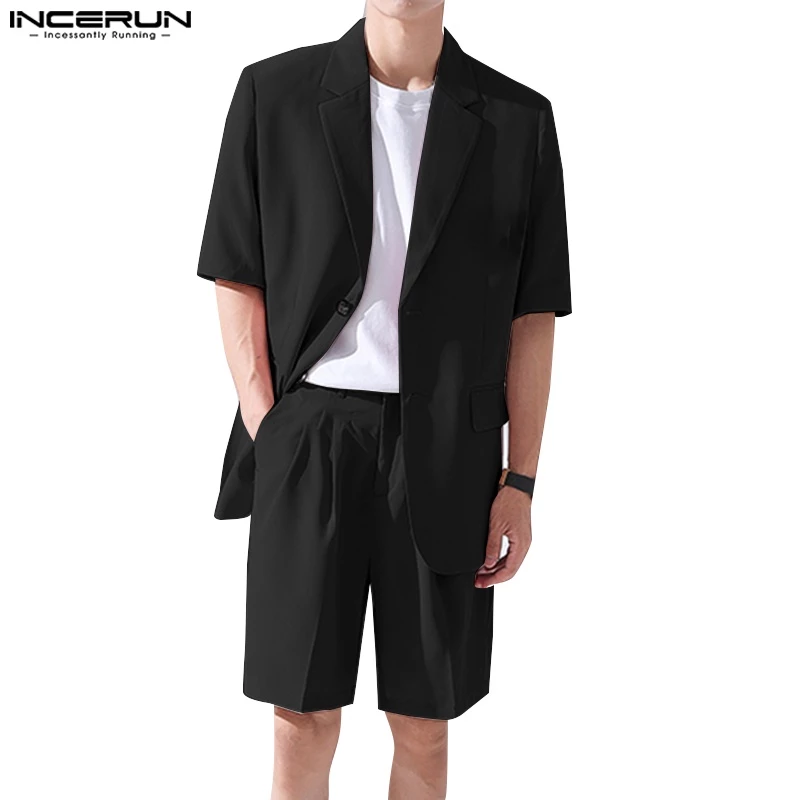 Bộ đồ hai món INCERUN gồm áo khoác blazer ngắn tay và quần short cạp cao phong cách Hàn Quốc dành cho nam