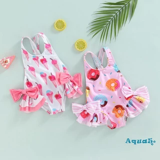 Aqua- Đồ Bơi Một Mảnh Không Tay In Hình Bánh Donut / Kem Có Diềm Xếp Nếp In Hình Nơ Lớn Cho Bé Gái