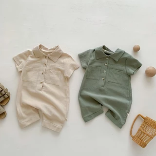 Áo sơ mi cotton và vải lanh-baby rompers summer boy tay ngắn rompers phong cách hàn quốc bé trai phong cách phương tây khóa trước cho bé gái sơ sinh quần áo Áo liền quần