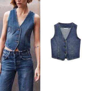 Zara autumn new v-cổ không tay bó sát áo khoác denim 9863246