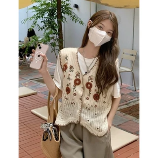 Áo Sweater Dệt Kim Sát Nách Thêu Họa Tiết Dân Tộc 2 Màu Tùy Chọn