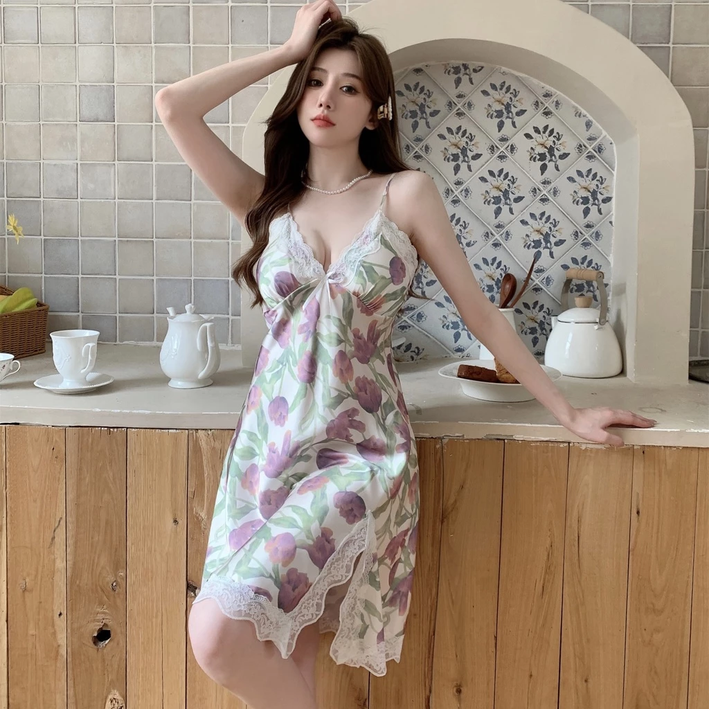 Đồ ngủ Hai Dây Bằng Lụa Mát In Họa Tiết Gợi Cảm Mẫu Mới 2023 Thời Trang Mùa Hè Cho Nữ