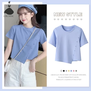 Áo Thun Crop Top Tay Ngắn Màu Trơn Cài Nút Thời Trang Mùa Hè Xinh Xắn Cho Nữ