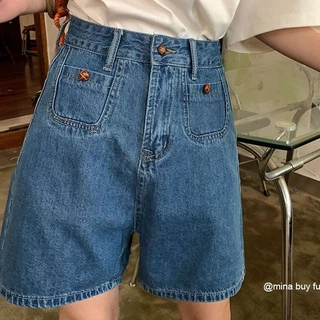 Quần Short Denim Lưng Cao Dáng Rộng Phong Cách Retro Mỹ Thời Trang Mùa Hè Cho Nữ