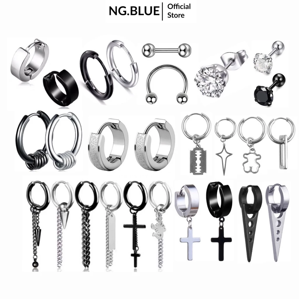 Khuyên tai nam nữ cá tính bạc tròn đính đá chữ thập xỏ lỗ thép titan không gỉ hoa tai dài dây xích - XỎ LỖ