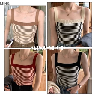 Áo Croptop Dệt Kim Không Tay Họa Tiết Kẻ Sọc Vintage Cho Nữ