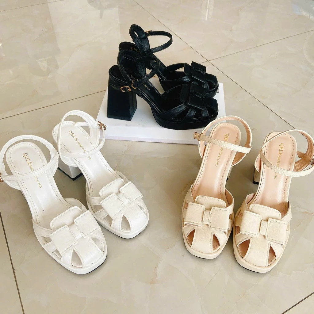 Giày sandal rọ nơ đế vuông 9 phân chất da sang xịn