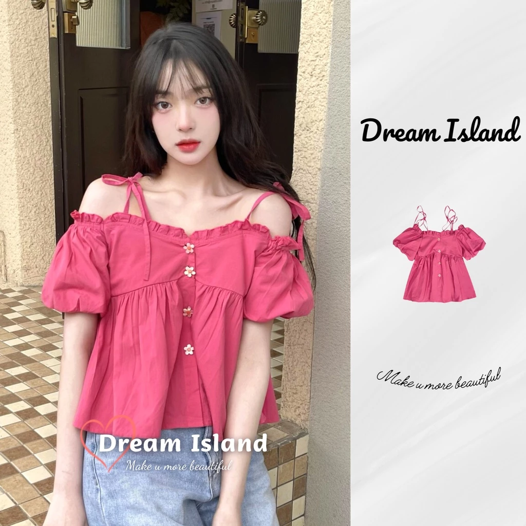 『Dream Island』Áo CROPTOP Tay Ngắn Phồng Viền Bèo Kiểu Dáng Ngọt Ngào Dễ Thương Cho Bé Gái