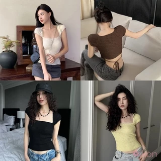 Áo Croptop Dệt Kim Tay Ngắn Màu Trơn Thiết Kế Dây Đan Chéo Sau Lưng Quyến Rũ