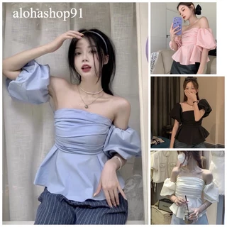 Áo bẹt vai nhúng kiểu tay phồng xoè -alohashop91