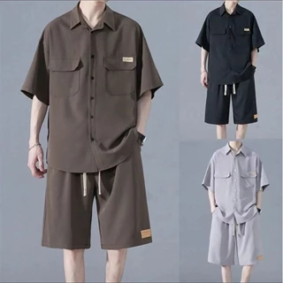 【luckin men's】bộ quần áo nam mùa hè，bigsize t shirt，Thời Trang Set Áo Sơ Mi Ngắn Tay Và Quần short Ống Rộng Phong Cách Năng Động Dành Cho Nam，áo thun form rộng，áo thun oversize，áo nam đẹp，áo phông，quần bigsize，quần đùi nam，quần short，bộ đồ，đồ bộ nam