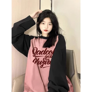 NRVP Mới 100% cotton phong cách hàn quốc in oversize dài tay áo thun cổ tròn cơ bản in tees