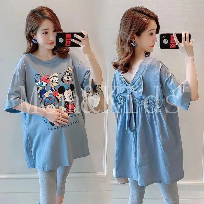 Mom&Kids Ready Stock Bộ Đồ Hai Mảnh Áo Thun Thời Trang Mùa Hè Cho Mẹ Bầu Seluar Mengandung